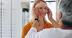 Healthcare, women and optometrist with a client, glasses and wellness with clear vision in an office. People, employee and patient with care, eyewear and test with results, appointment and checkup