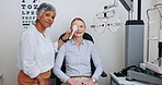 Eye test, consultation and optometrist cover woman, client or patient vision for eyesight, ocular exam or assessment analysis. Optometry, help service or oculist pointing at ophthalmology examination