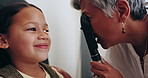 Eye test equipment, child or woman face, ophthalmologist or professional expert examine vision wellness, eyeball or pupil. Optometry tools, ophthalmoscope or oculist check retina eyesight of kid girl