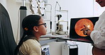 Child, ophthalmologist and woman with laptop in consultation for vision, health and eye care. Kid learning, optometrist talking and computer for eyesight test, exam and hands of pediatrician doctor