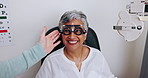 Eye exam, patient or happy woman with optometrist for vision test, ocular healthcare support or medical consultation. Happiness, optometry equipment and mature patient smile with trial frame lens