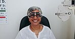 Eye exam, trial frame and happy woman, patient or client smile for vision test, ocular assessment or optical wellness. Happiness, optometry sight lens or portrait person with eyeglasses equipment