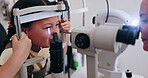 Optician, child and eye test for eyeglasses, vision and smile for eyecare and glasses. Medicare, medical and senior doctor for eyesight, optometry office for a visual exam and prescription eyewear
