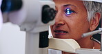 Optometry, eyesight and eye test for senior woman, optometrist and slit lamp. Doctor, specialist and healthcare professional for ophthalmology, prescription and optician for eyecare appointment exam