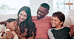 Woman, father and children or happy on sofa for family development, bonding or relax holiday peace. Interracial, son and daughter hug on couch or youth safety for parent trust, vacation or weekend