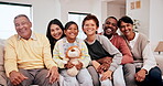 Face of family, grandparents and children with parents happy together on sofa in a living room of their home for visit. Portrait of senior man and women with kids on couch with a smile, love and care