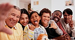 Parents, grandparents and children for funny selfie together on the sofa in living room of their home for visit. Portrait of senior man and women with kids for picture with family for social media