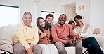 Smile, conversation and big family on a sofa at their home for bonding together on a weekend. Happy, love and young children talking with grandparents and parents on couch in lounge at modern house.