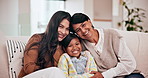 Smile, face and child with grandmother and mother on a sofa relaxing together in the living room. Happy, love and portrait of girl kid sitting with her mom and senior woman in lounge at modern home.