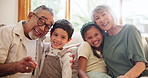 Grandparents, happy and face of children on sofa for bonding, relationship and relax in living room. Home, Asian family and portrait of grandma, grandpa and kids embrace for care, laughing and love