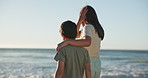 Back, beach or nature holding hands with a brother and sister on the sand by the ocean in summer together. Family, love or vacation with a girl and boy sibling outdoor on the coast for holiday travel