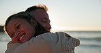 Kid, smile and hug dad at beach, sunset and relax on holiday, vacation or support from family. Happy, child and girl embrace father with love, care and travel to ocean together in summer for bonding