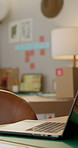 Laptop, box and empty office for logistics, supply chain and clipboard on desk for sales inventory. Computer pc, cardboard package and e commerce with technology, packaging and shipment in warehouse