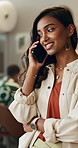 Woman, phone call and home with conversation and communication in living room with smile. Happy, female person and speaking with mobile networking and discussion in a house lounge with tech talking