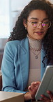 Business, woman and smile with tablet, typing and face for networking, logistics and sales inventory. Person, touchscreen or happy for e commerce with technology, online service and web retail order