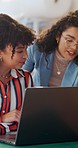 Working, boss collaboration and laptop and women with conversation and coaching with tech. Training, discussion and digital research with idea and planning in a office with staff and communication