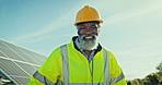 Senior engineer man, solar panel and face with smile, construction worker and sustainability in nature. Photovoltaic renewable energy, African technician or portrait for electricity, ecology or power