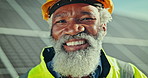 Portrait of black man at solar panel farm for clean energy, outdoor electricity maintenance and smile. Sustainability, photovoltaic power grid and happy technician with helmet for safety inspection.