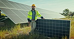 Happy man, engineer and solar panel for eco friendly environment or alternative energy in nature. Portrait of male person, contractor or technician smile for outdoor electrical installation in sun