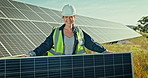 Asian engineer woman, solar panel and outdoor with smile on face for renewable energy, ecology and sustainability. Photovoltaic technician, field and happy in portrait at construction site for grid