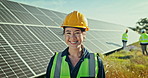 Portrait of woman at solar panel farm for clean energy, outdoor electricity maintenance and smile. Sustainability, photovoltaic power system and happy technician with helmet for safety inspection.