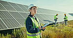 Woman, tablet and solar panels, energy saving or eco friendly heating on a farm, field or agriculture. Technician thinking, vision or engineering people with photovoltaic grid and digital technology