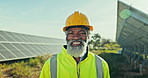 Portrait of black man at solar panel plant for clean energy, outdoor electricity maintenance and smile. Sustainability, photovoltaic power grid and happy technician with helmet for safety inspection.