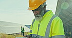 Engineer thinking, tablet and solar panels, renewable energy or inspection of eco friendly heating on farm. Senior technician or man with photovoltaic grid, digital technology and ideas in lens flare