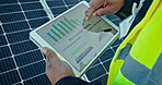 Solar panels, engineering hands and tablet screen for data analytics of eco friendly heating or energy saving stats. Person on digital technology, photovoltaic grid and graphs, infographics or charts