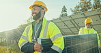 Teamwork, men with smile, solar panels for installation and clean energy at outdoor electricity plant. Sustainability, collaboration and technician helping contractor with photovoltaic power system.