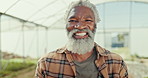 Farmer, senior man and happy face with soil for agriculture, sustainability and plant in a greenhouse. Smile and field with agro growth and farming with gardener portrait and countryside crops