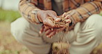 Farm, hands and closeup of man with soil for growth development of plants, vegetables or produce. Sustainable, agriculture and zoom of person with sand or dirt for agro environment in countryside.