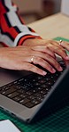 Closeup, hand and typing on laptop for email, message or report for small business. Person, employee and startup for e commerce, fintech or career with technology for online, document or internet