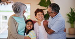 Grandparents, children in conversation and smile in home, talking or communication. Happy grandma, grandpa and kids hug, bonding or connection for support, care or interracial love of family together