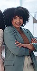 Business woman, smile and arms crossed for pride, confidence and happy for company, growth and future. Black person, face and entrepreneur or startup, mission and positive for development in portrait