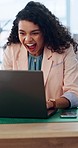 Laptop, wow and a business woman screaming in celebration at a desk in her office at work. Computer, goals and target with a young employee shouting for the success of a workplace deal or email