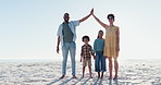 Face, happy family and parents high five at a beach for freedom, kids or travel cover on blue sky background. Love, security and people with hands together in nature with children for sea vacation