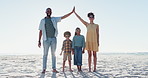 Happy family, face and parents high five at a beach for freedom, kids or travel cover on blue sky background. Love, security and people with hands together in nature with children for sea vacation