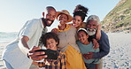 Love, selfie and happy big family at a beach for travel, adventure or bond in nature together. Freedom, phone and kids with grandparents, parents and app at the ocean for vacation profile picture