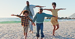 Running, airplane and happy family at the beach with energy, fun or freedom in nature together. Flying, love and excited children with parents at sea for travel, celebration or ocean games in Bali