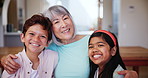 Face, smile and children hug grandmother in home, care and trust, bonding and together. Portrait, happy kids embrace grandma and support, family connection and interracial love of woman, girl and boy