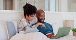 Bedroom, home and couple with a laptop, conversation and search internet with website information, discussion and relax. Bed, black man and woman with a pc, technology and talking with app and smile