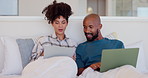 Bedroom, conversation and couple with a laptop, tablet and search internet with website info, discussion and home. Bed, black man and woman with pc, tech and talking with digital app, relax and smile