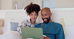 Bedroom, home and couple with a laptop, love and search internet with website info, digital app and relax. Bed, black man and woman with a pc, tech and talking with conversation or smile with network