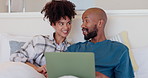 Bedroom, home and couple with a laptop, relax and search internet with website info, technology and network. Bed, black man and woman with pc, conversation and talking with digital app, love or smile