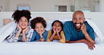 Happy family, kids and parents in bed, face and relax together in blanket, bonding or funny laugh. African mother, father and children in bedroom, portrait and interracial love in the morning in home