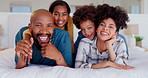 Face, happy family and kids with parents in bedroom, funny laugh or bonding together. African mother, father and children in bed to relax, smile in portrait or interracial love in the morning in home