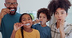 Dental, love and happy family brushing teeth in a bathroom for learning, bond or fun at home. Oral care, teaching and kids with parents in a house for mouth, cleaning or tooth, wellness or gum health