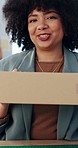 Businesswoman, video call and hello with boxes for logistics, shipping or distribution in startup. Ecommerce, wave and happy designer with package, talk or live streaming sales, delivery and portrait