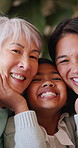 Love, face and happy family hug at home with trust, bond and vacation freedom together. Generations, portrait and excited girl child with grandma and mother in a living room embrace, support or smile